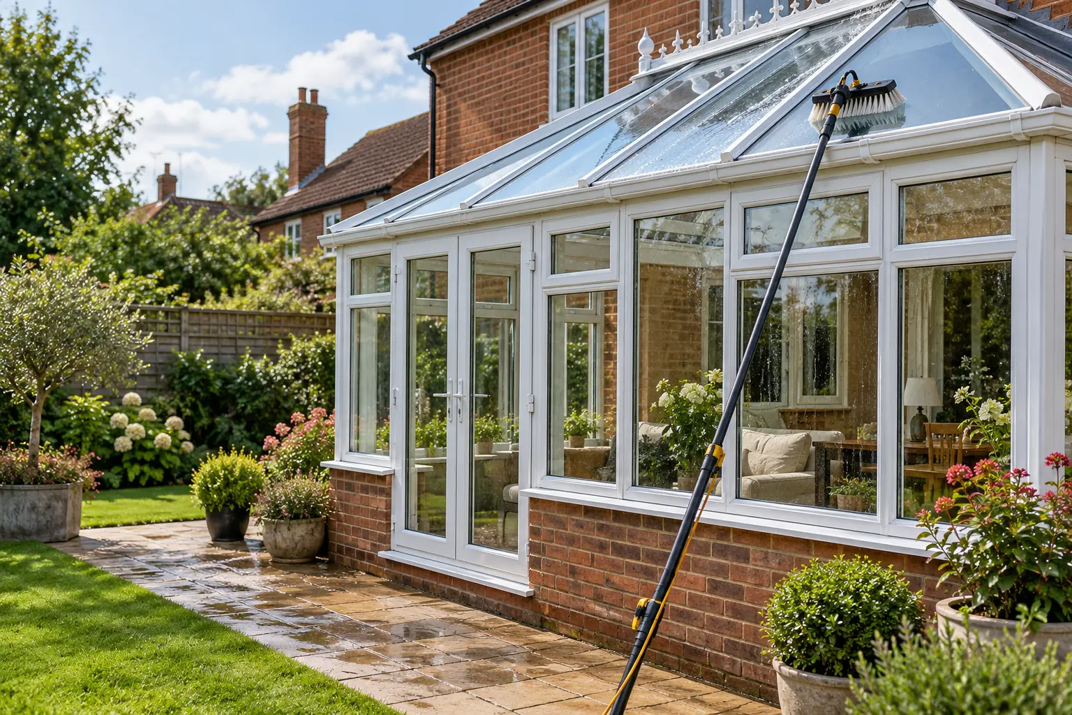 conservatory cleaning – water-fed brush against the glass roof of a conservatory behind a brick home