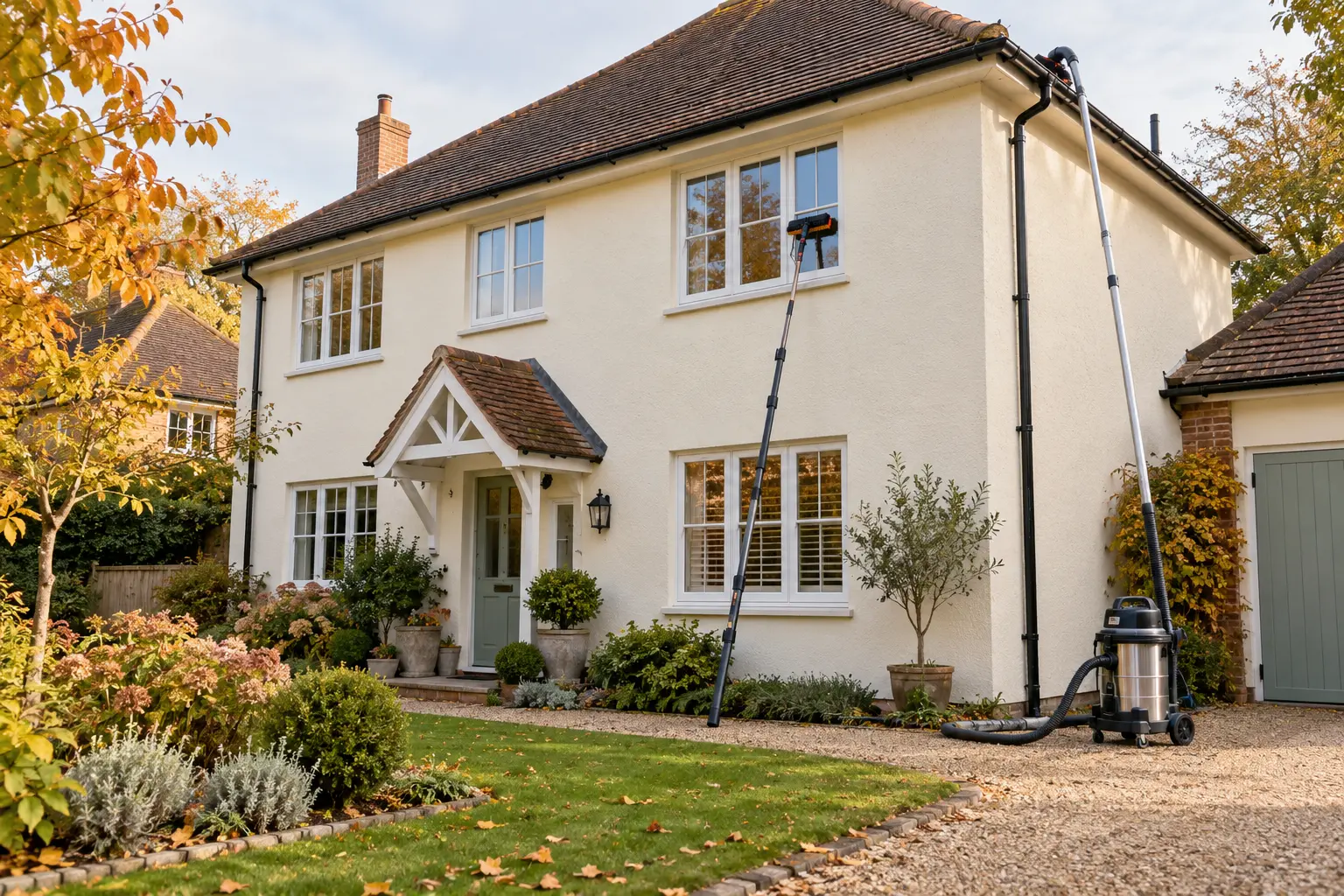 gutter and window cleaning – window-cleaning pole and gutter vacuum beside a two-storey East Anglian home