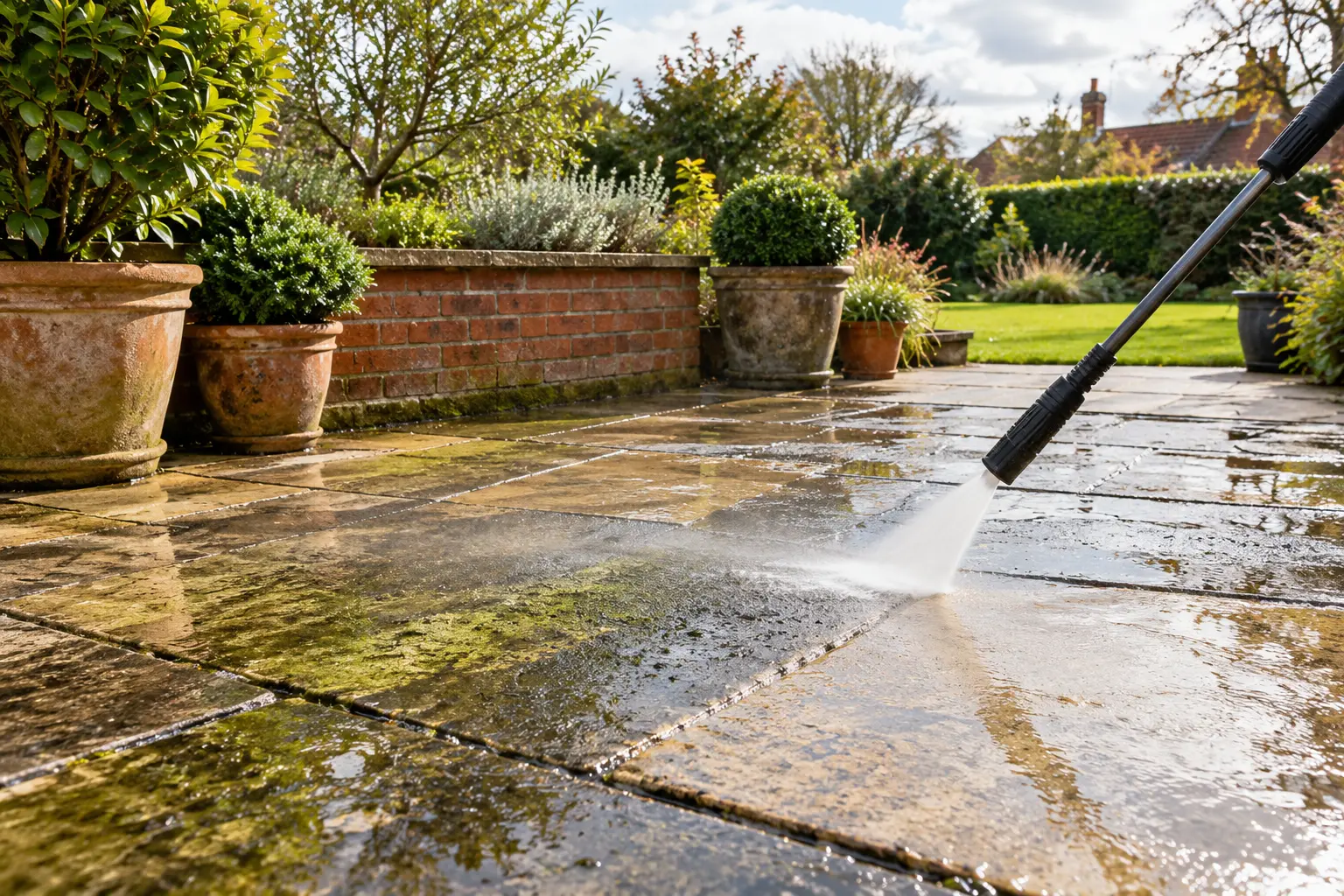 how to clean a patio – pressure-washer lance washing stone patio slabs in a leafy Norfolk garden
