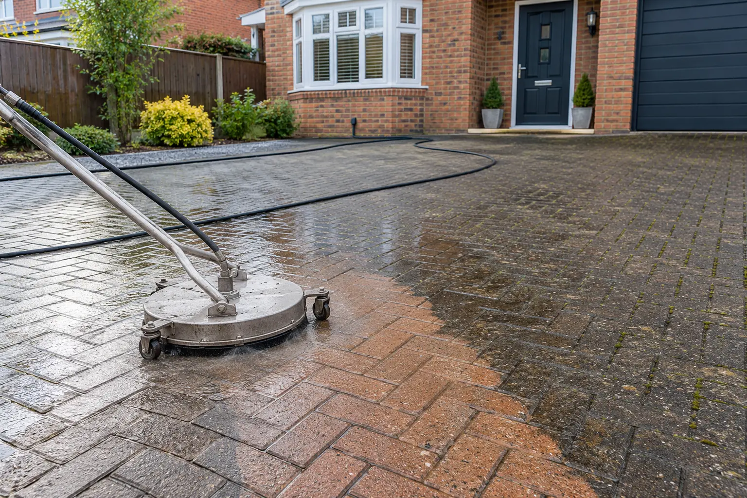 how to clean block paving – surface-cleaning equipment on damp block-paved driveway outside a brick home
