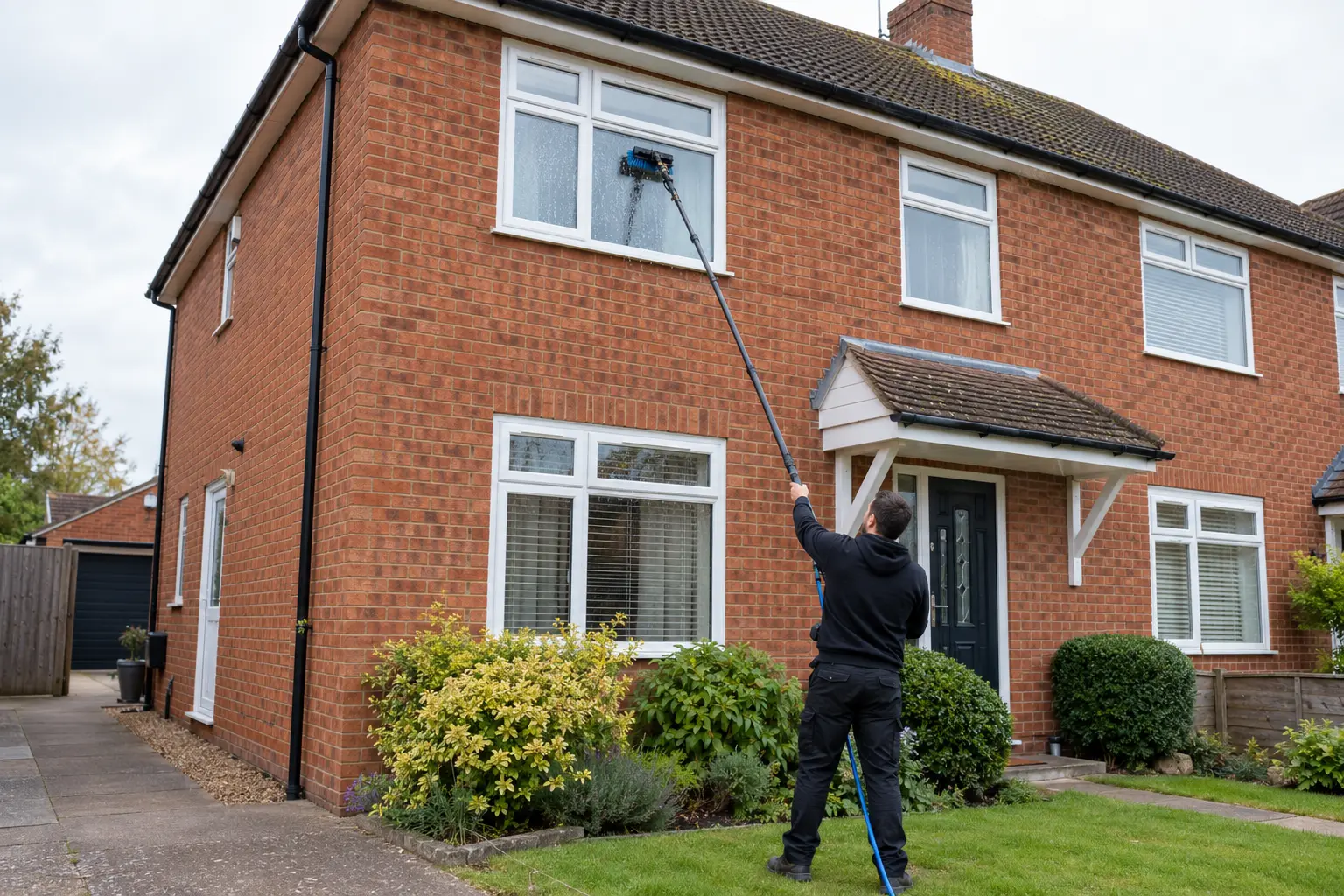 how to clean windows – water-fed cleaning pole washing an upstairs window on a red-brick family home