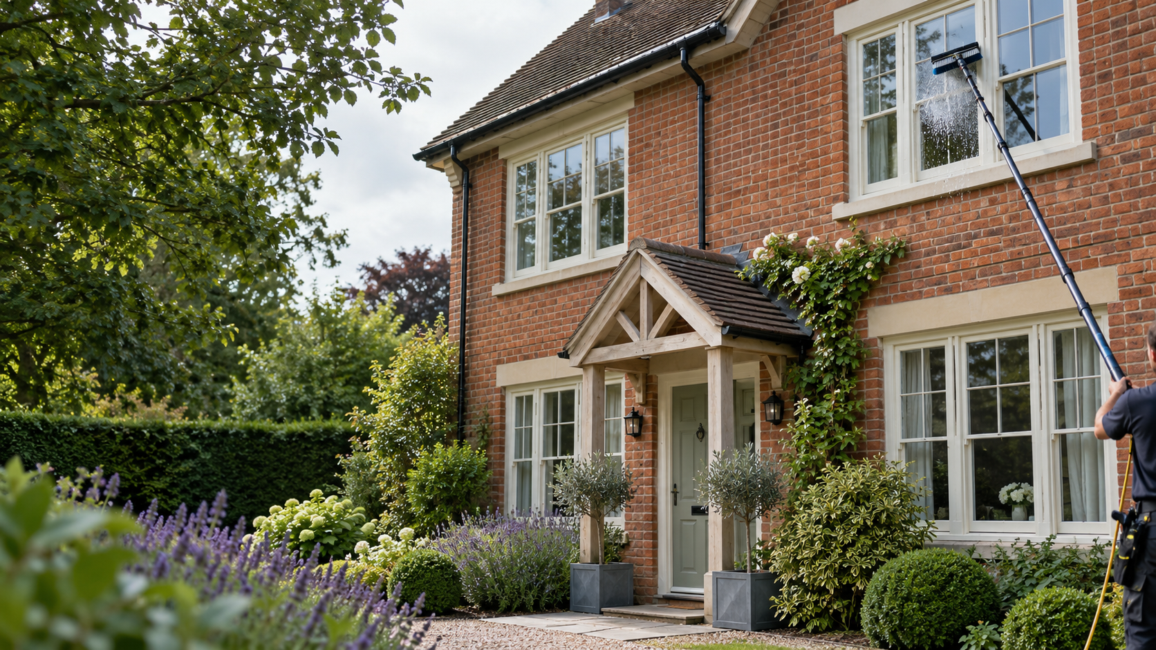 window cleaning in East Anglia – water-fed pole cleaning the upper windows of a brick family house
